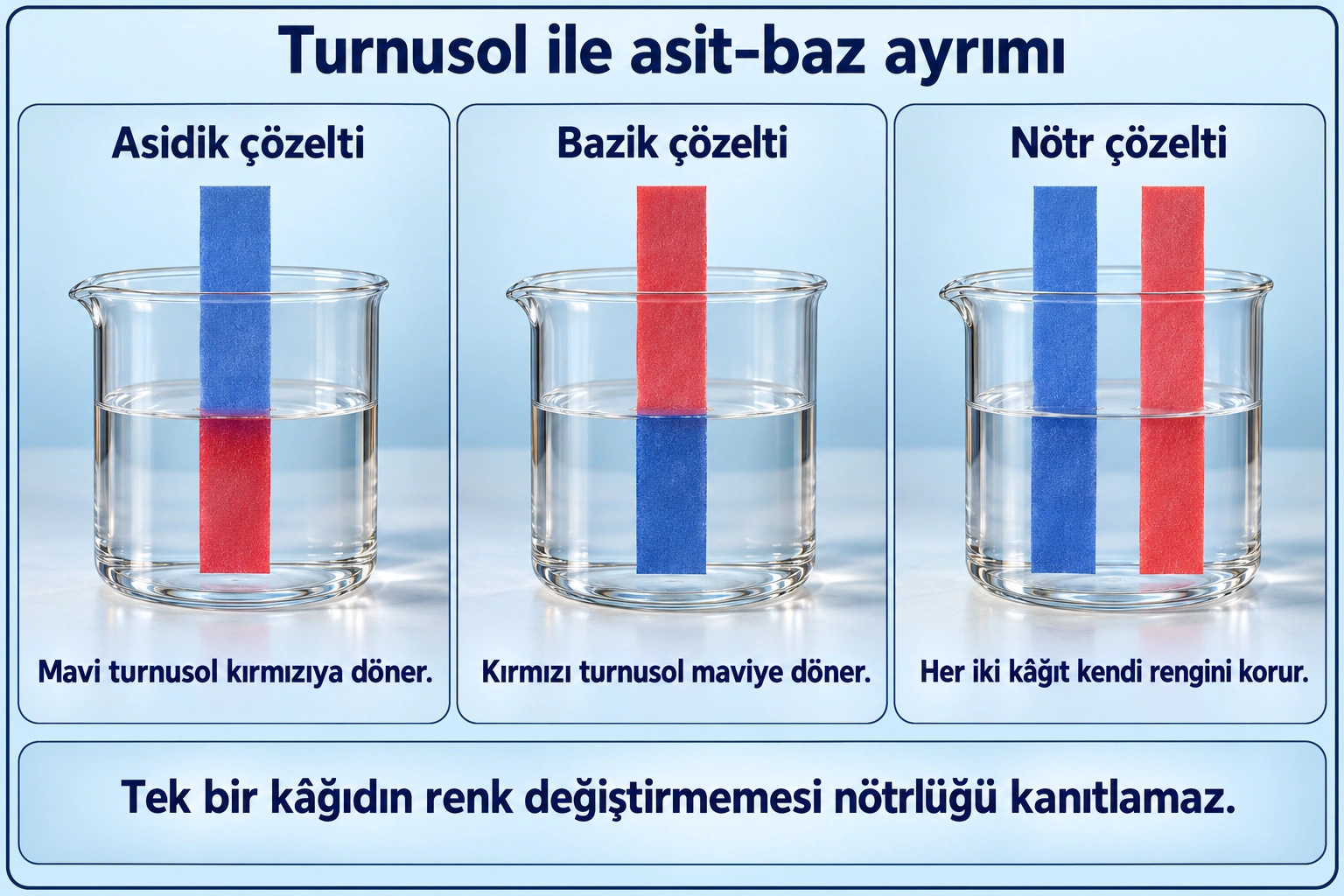 Üç gerçekçi beher: asitte mavi turnusolun sıvıya giren kısmı kırmızı, bazda kırmızı turnusolun sıvıya giren kısmı mavi; nötr suda mavi ve kırmızı kâğıtların rengi değişmez.