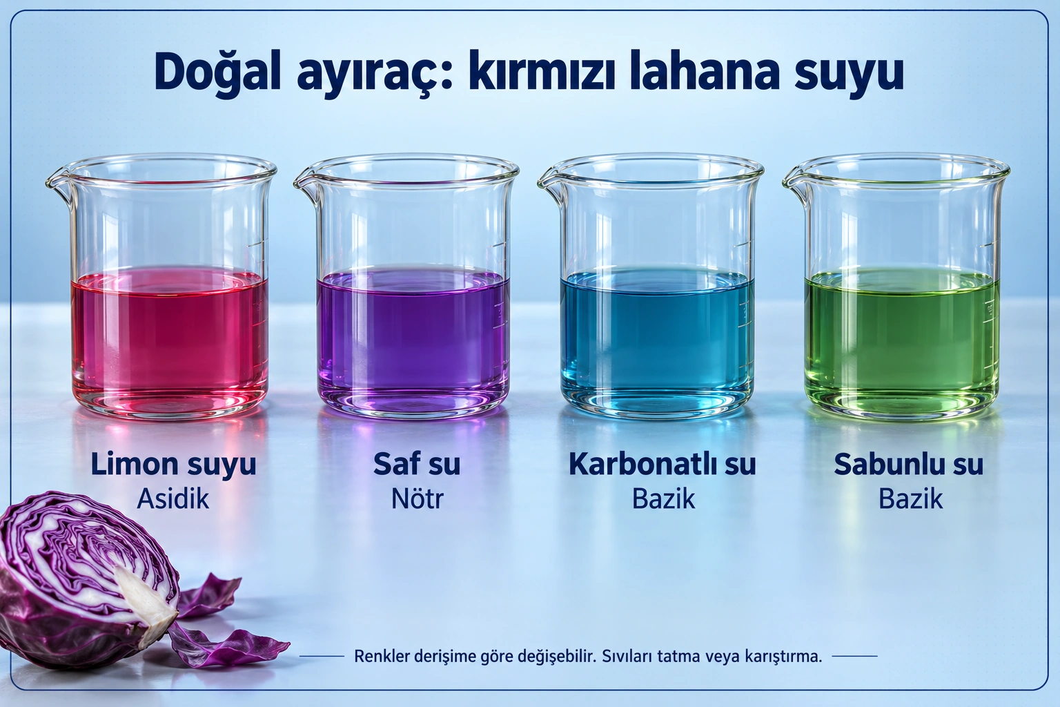 Lahana ayıracı eklenmiş dört cam beher: limon suyu pembe-kırmızı, saf su mor, karbonatlı su mavi ve sabunlu su yeşil.