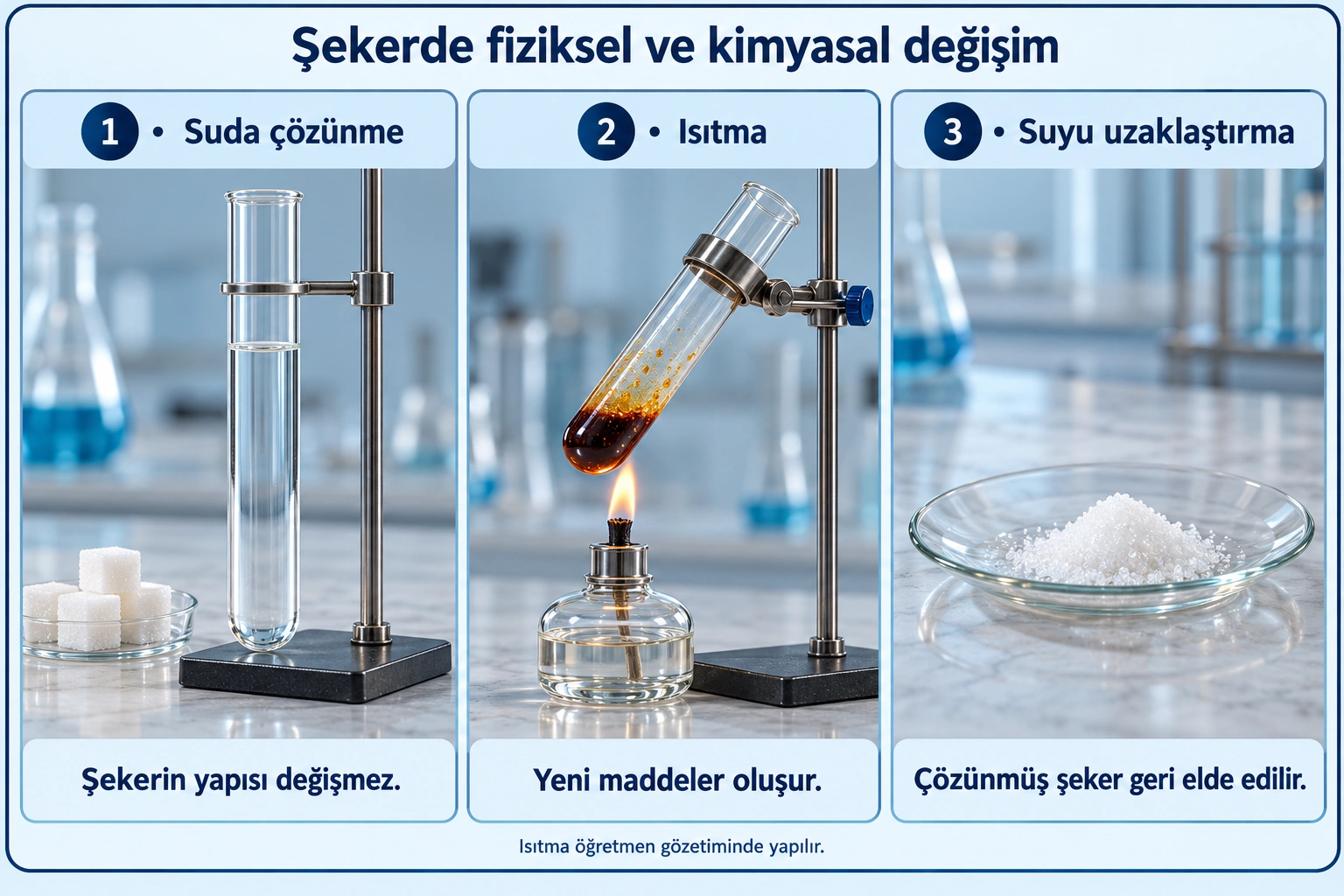 Üç deney aşaması: şekerin suda çözünmesi, öğretmen gözetiminde ısıtılarak yeni maddelere dönüşmesi ve şekerli su uzaklaştırılınca şekerin geri elde edilmesi.