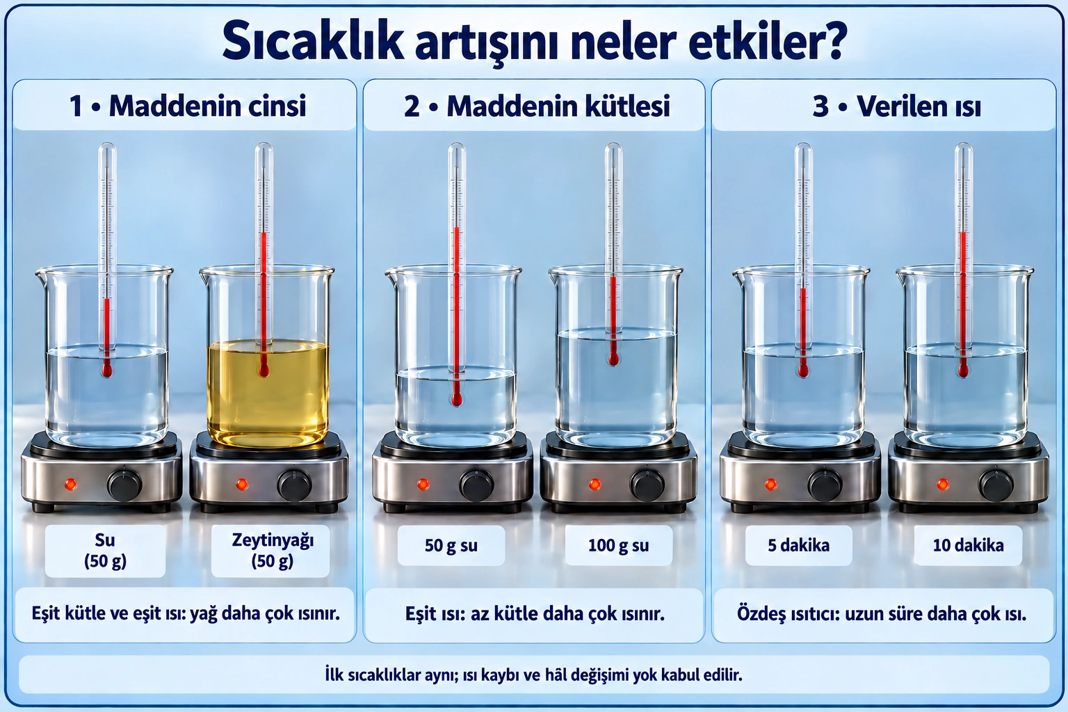 Üç karşılaştırma ve altı beher: eşit kütlede su ve yağda yağın sıcaklık artışı daha fazla; aynı ısı verilen 50 gram suda 100 gramdan daha fazla artış; eşit kütlede özdeş ısıtıcıyla 10 dakika ısıtılan suda 5 dakikadan daha fazla artış.